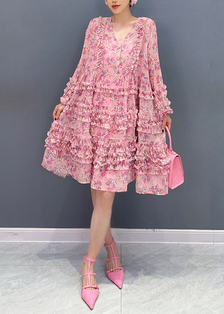 Pink V Neck Ruffled Patchwork Print Chiffon Mid Dress Long Sleeve