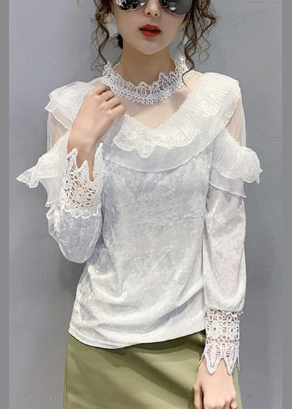 Pink Turtleneck Velour Lace Patchwork Tulle Tops Bottoming Shirt