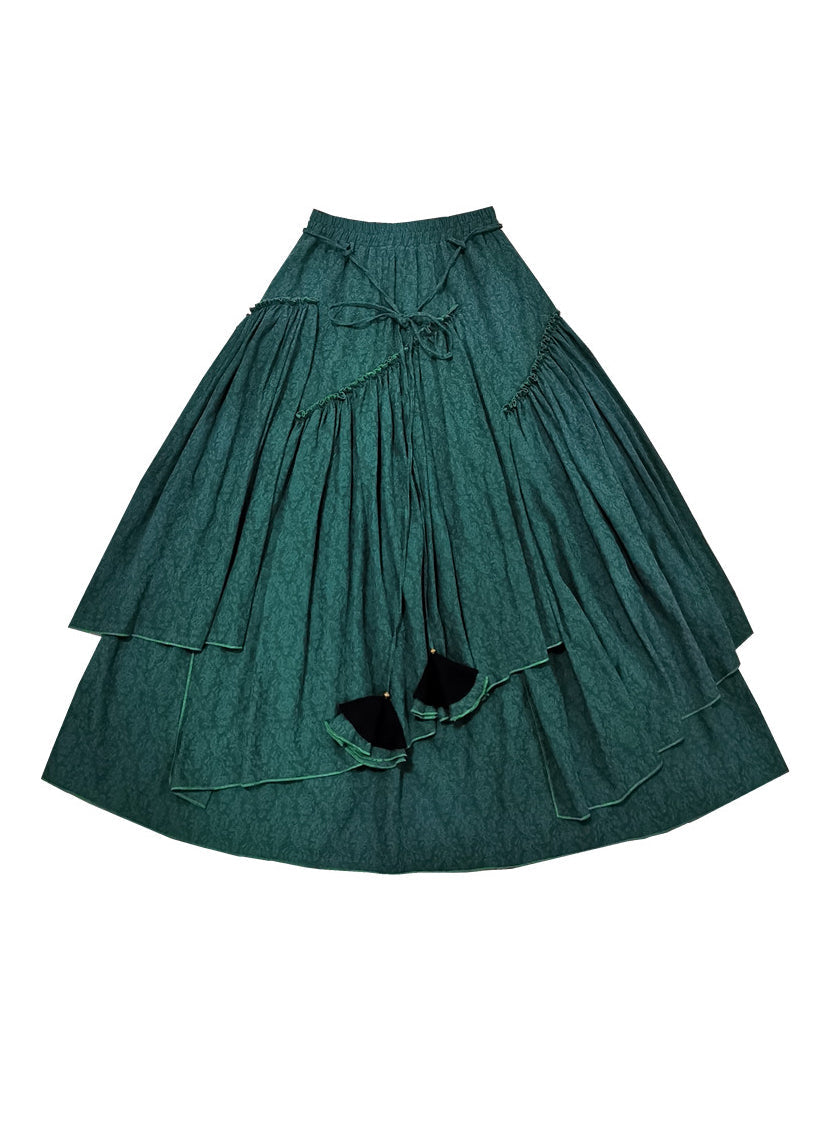 Blackish Green Asymmetrical Jacquard Cotton Skirt Spring