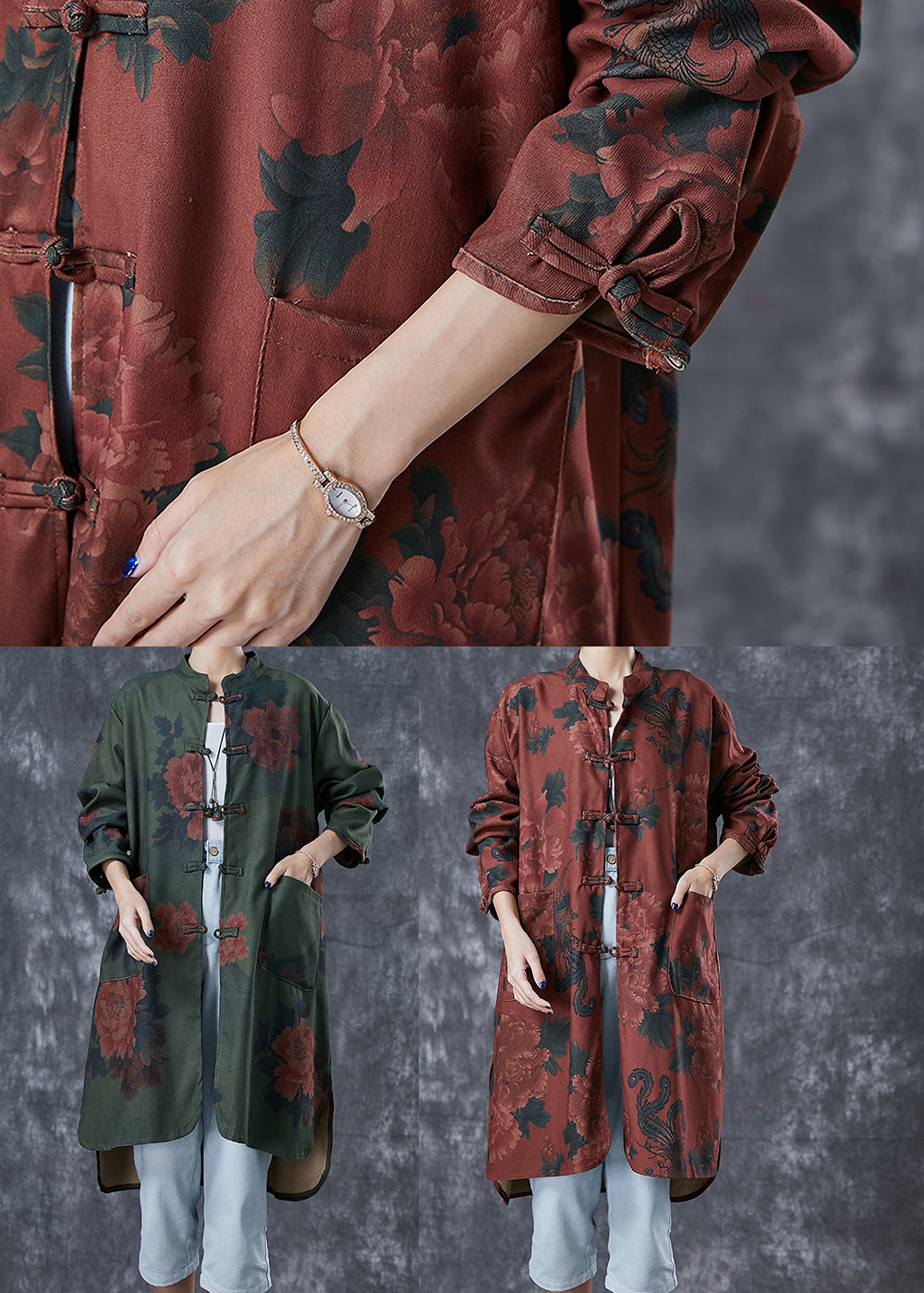 Dull Red Print Linen Chinese Style Shirt Dress Fall