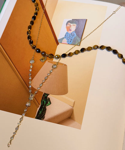 Brown Tiger's Eye Zircon Tassel Layering Titanium Steel Two Piece Set Necklace