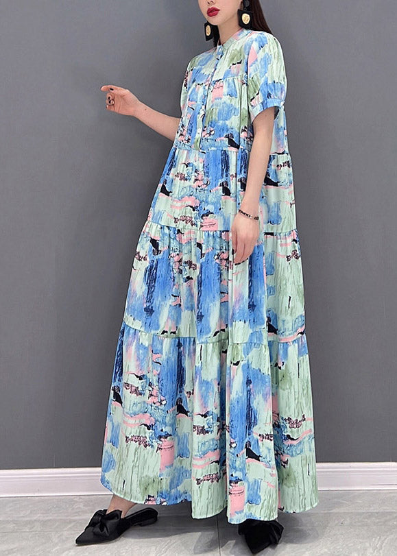 Stand Collar Button Wrinkled Print Chiffon Vacation Dress Short Sleeve