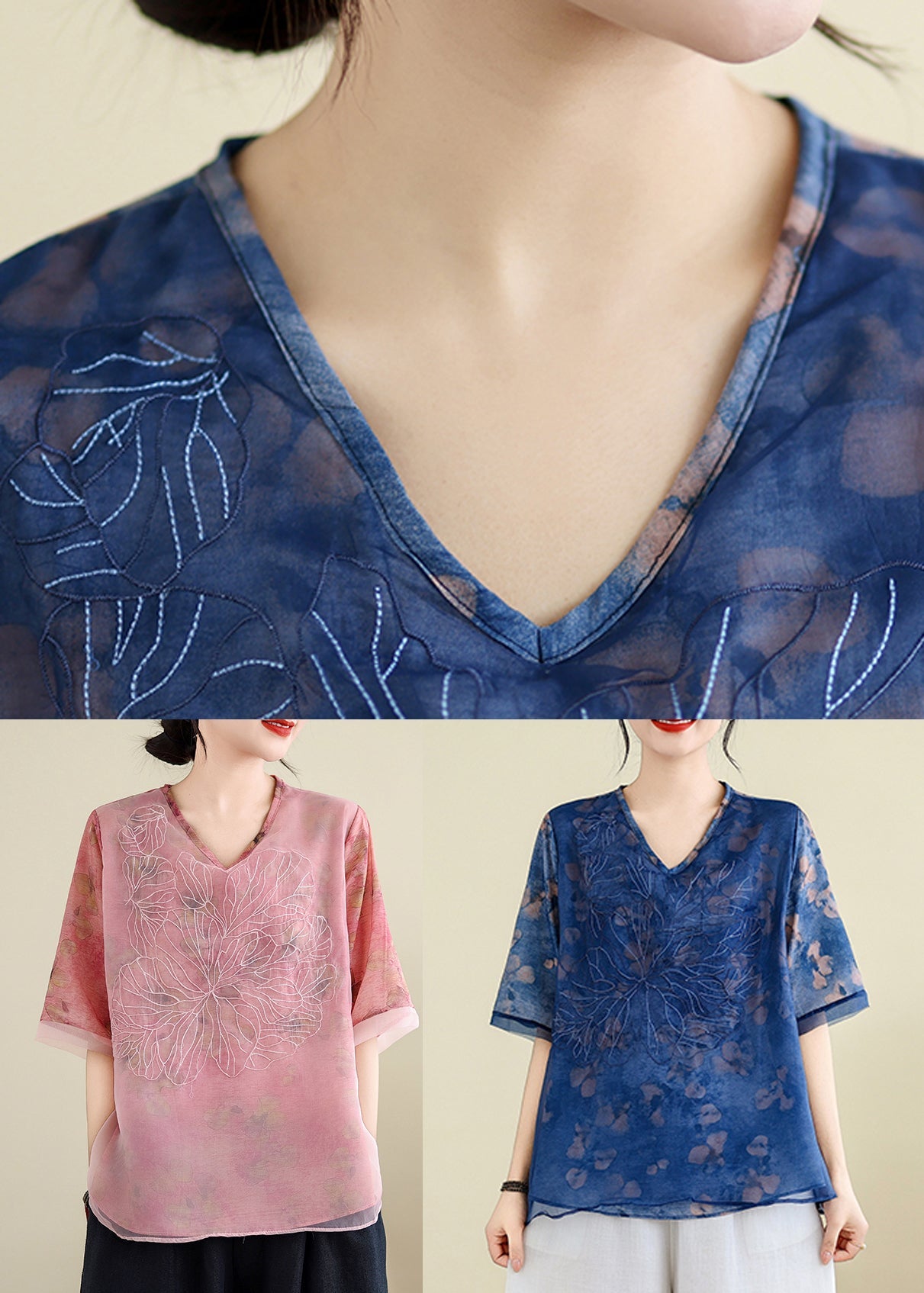 Blue Embroidered T Shirts Summer