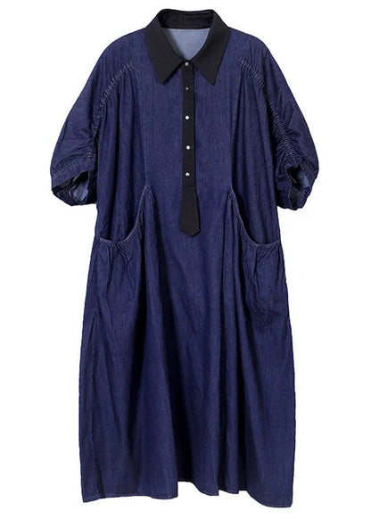 Blue Peter Pan Collar Patchwork Wrinkled Cotton Vacation Denim Dresses Short Sleeve