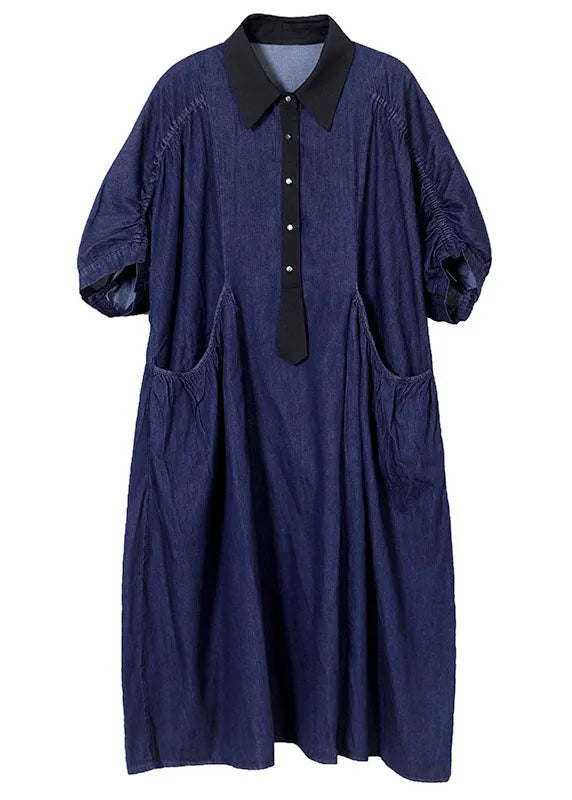 Blue Peter Pan Collar Patchwork Wrinkled Cotton Vacation Denim Dresses Short Sleeve