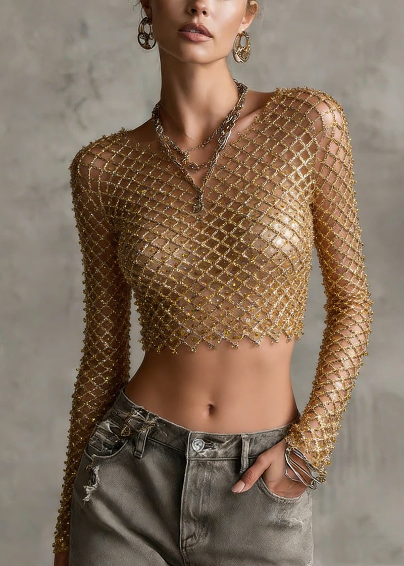 Gold O Neck Sequins Nail Bead Short Top Spring