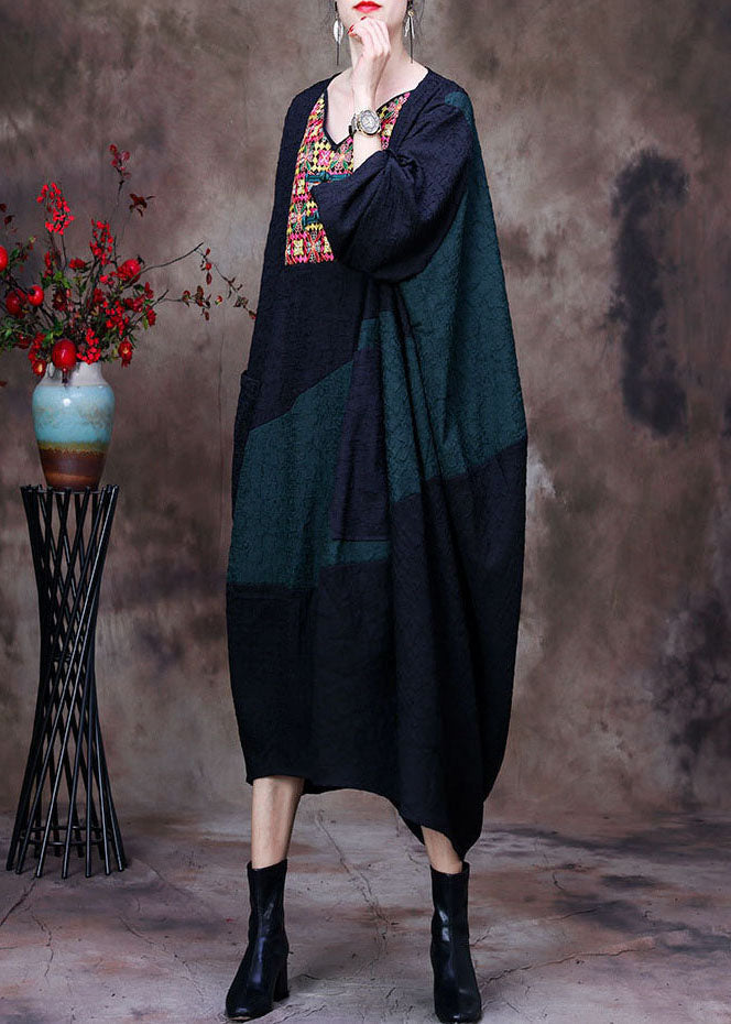 Black V Neck Embroideried Patchwork Wrinkled Silk Dresses Long Sleeve