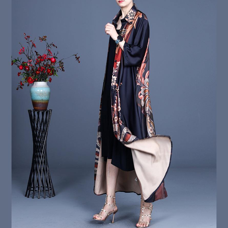 Black Print Button Silk Cardigan Long