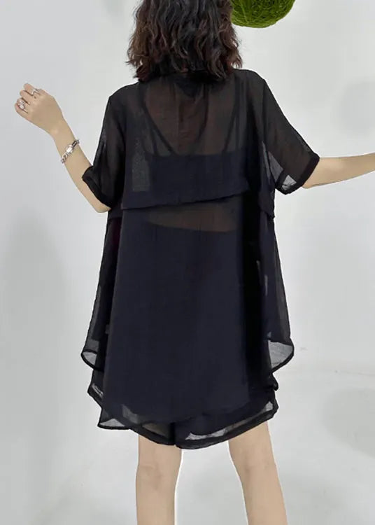Loose Black Asymmetrical Patchwork Shirts and Shorts Cotton Two Pieces Set Summer