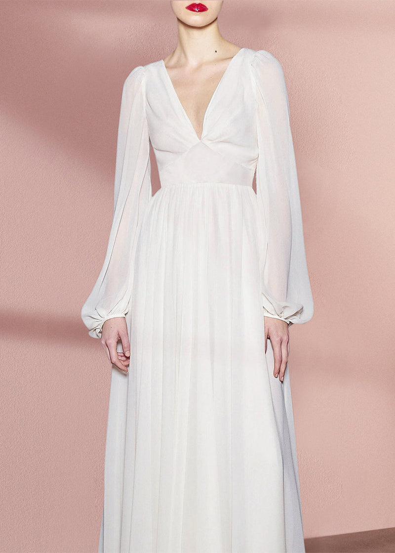 White V Neck High Waist Chiffon Holiday Dress Fall