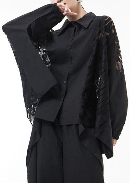 Black Peter Pan Collar Lace Patchwork Blouse Tops Spring