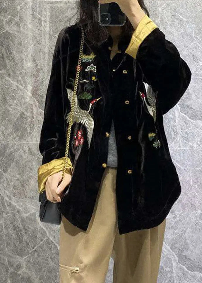 Black Mandarin Collar Print Velour Coats Long Sleeve