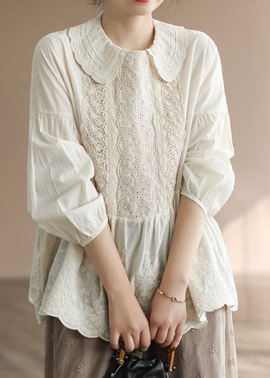 Apricot Peter Pan Collar Embroideried Cotton Shirt Tops Spring