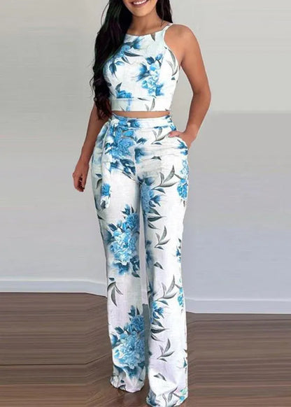 Slim Fit Pink Print Lace Up Tank and Pants Cotton Two Pieces Set Sleeveless