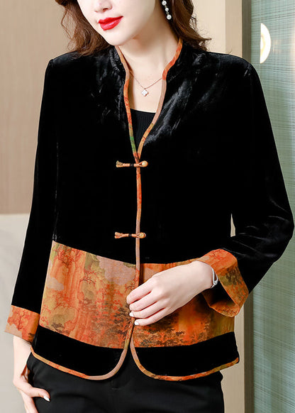 Black V Neck Print Patchwork Button Silk Velour Coats Fall
