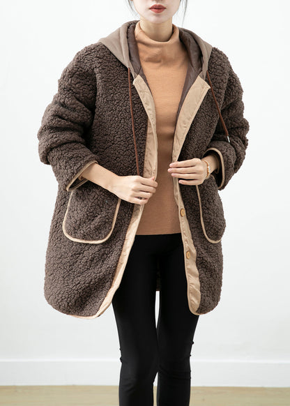 Chocolate Hooded Patchwork Pockets Teddy Faux Fur Coats Winter