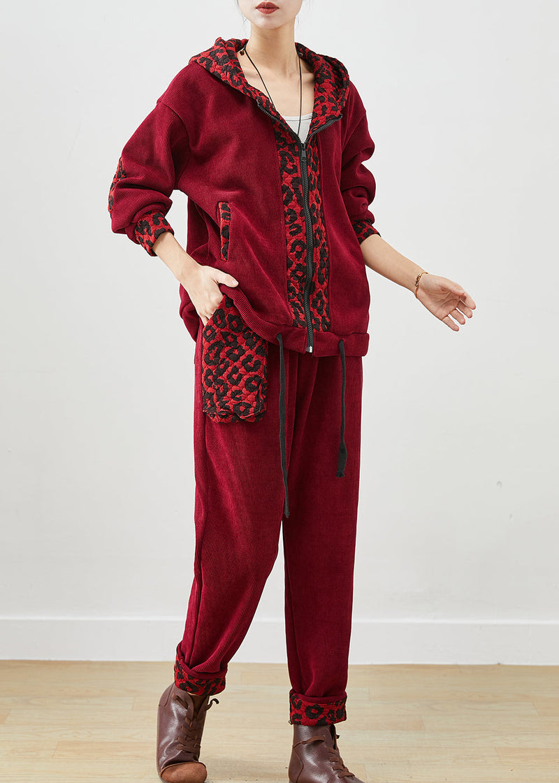 Mulberry Hooded Patchwork Leopard Warm Fleece Two Pieces Set Winter