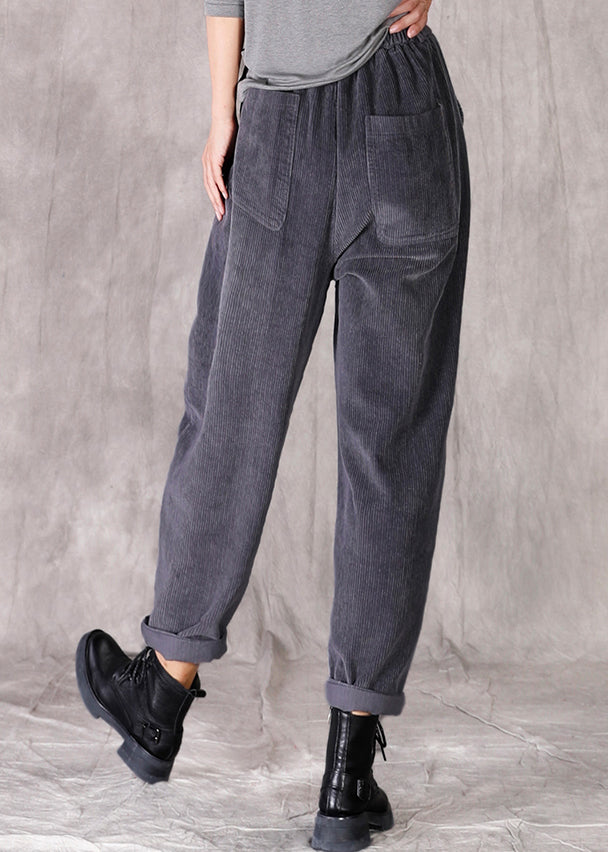 Grey Pockets Patchwork Elastic Waist Corduroy Pants Fall
