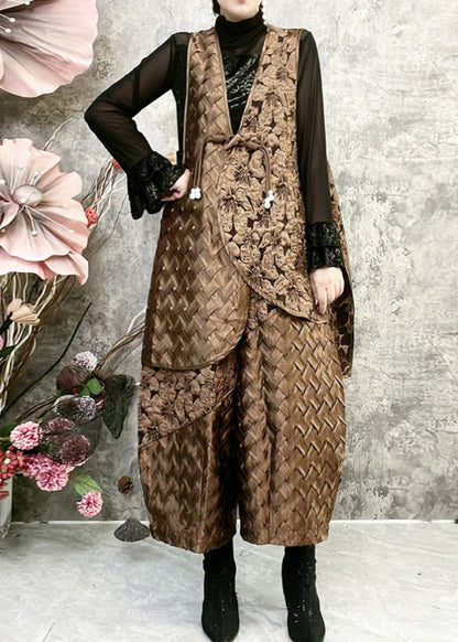 Retro Coffee Vest and Lantern Pants Cotton Filling Two-piece Set Winter