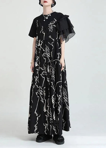 Black Print Asymmetrical Design a Line Dress Sleeveless