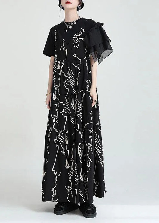 Black Print Asymmetrical Design a Line Dress Sleeveless