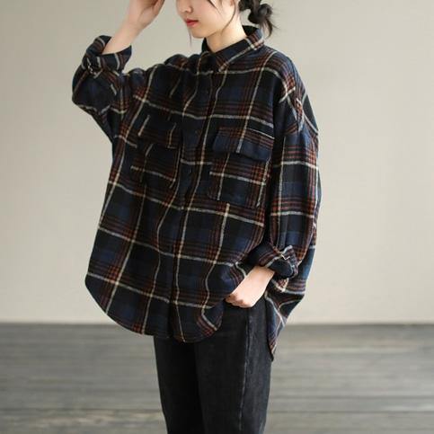 Navy Plaid Tunic Pattern Lapel Patchwork Knee Spring Top