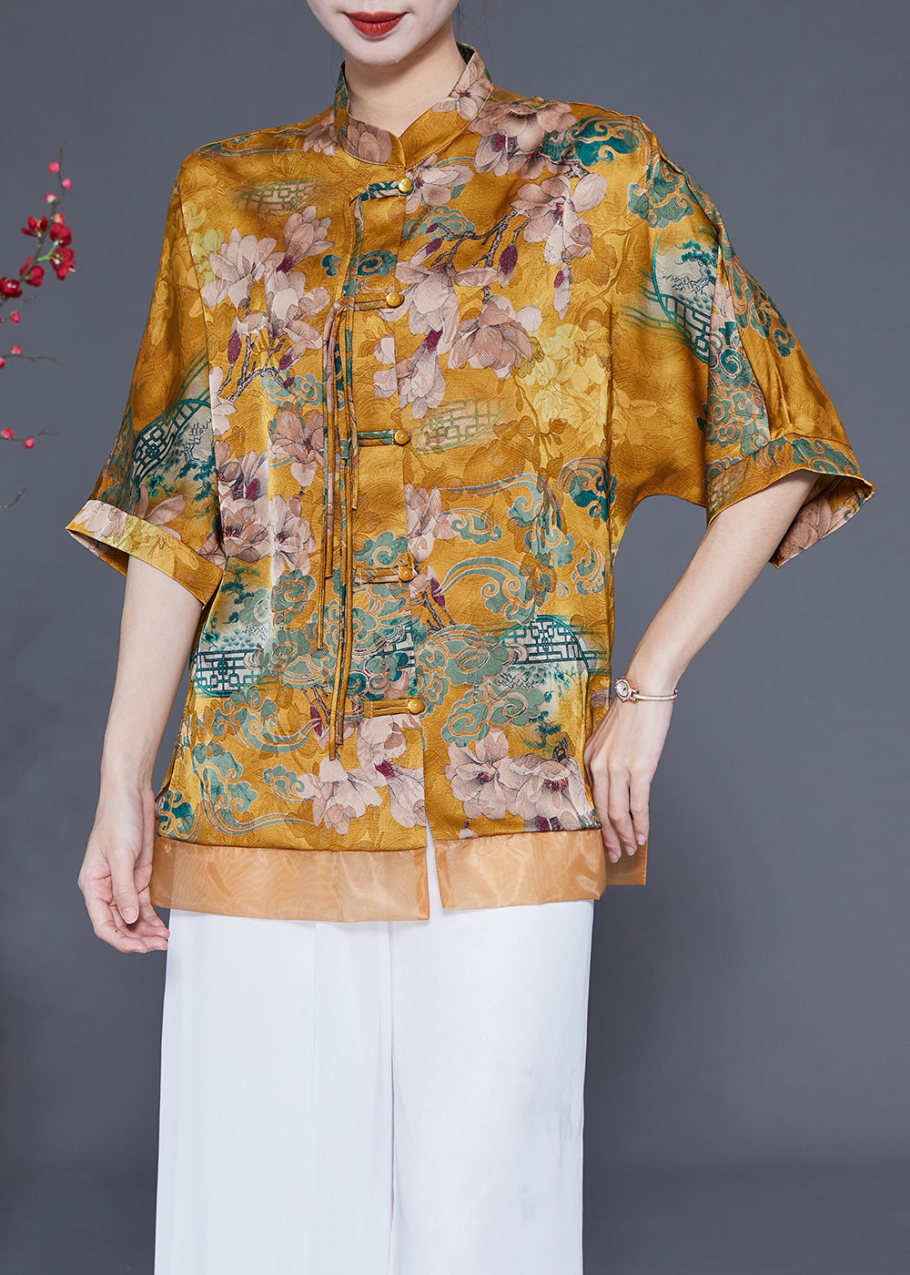 Yellow Stand Collar Patchwork Tassel Silk Blouses Half Sleeve