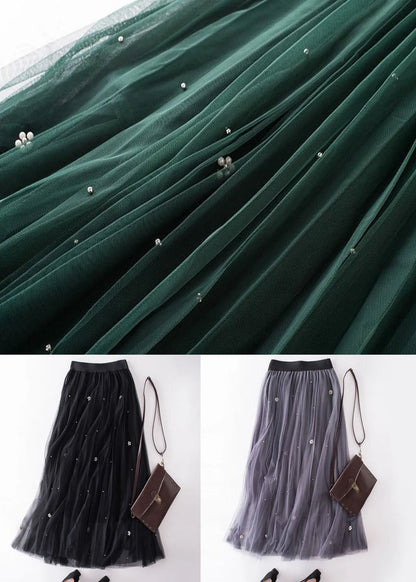 French Black Wrinkled Patchwork Nail Bead Tulle Skirt Spring