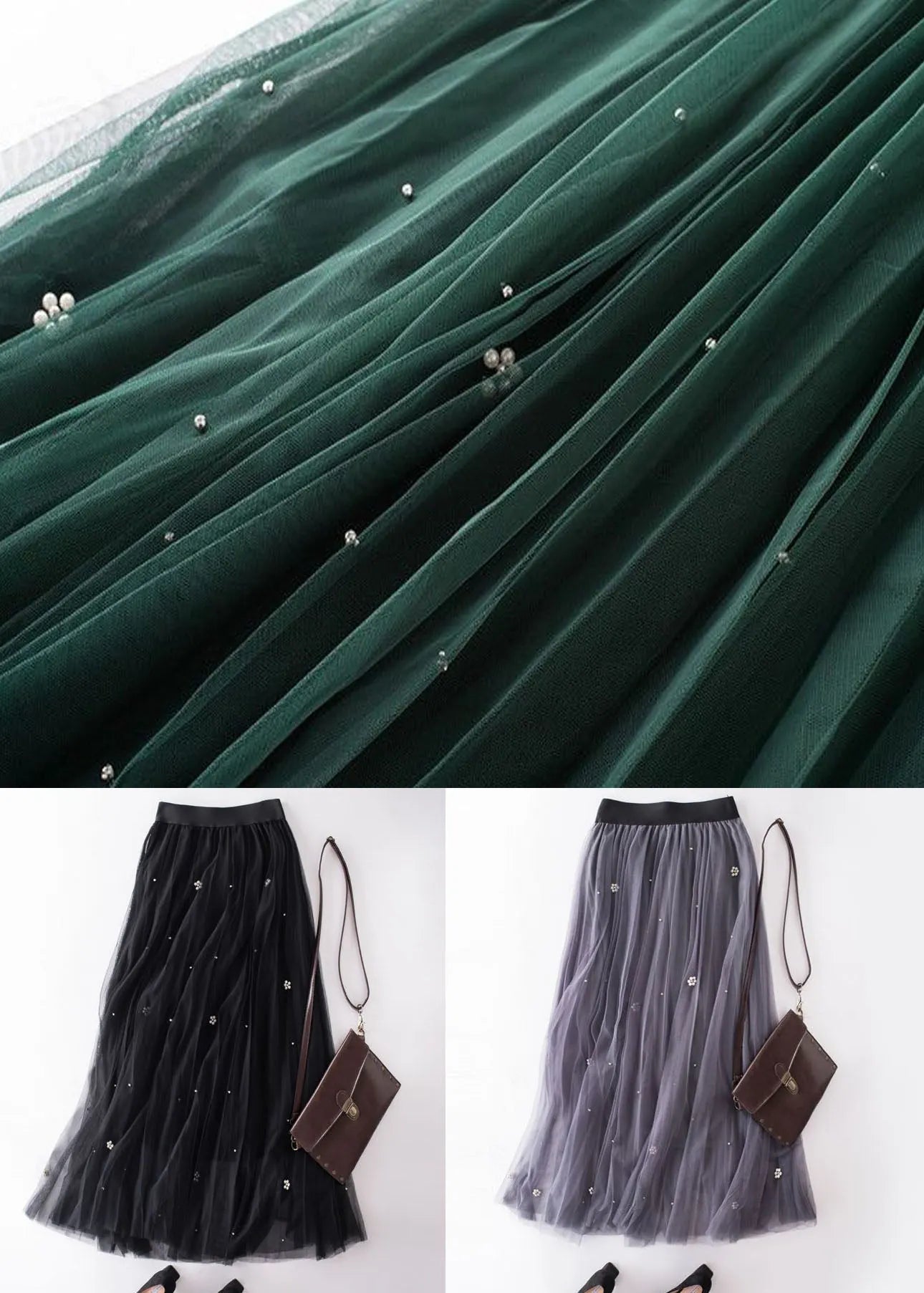 Grey Nail Bead Patchwork Tulle Skirt Wrinkled Spring