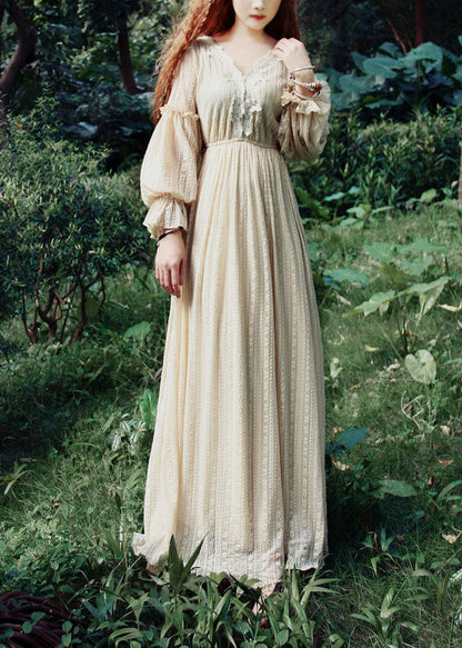 Beige V Neck Lace Patchwork Exra Large Hem Maxi Dress Puff Sleeve