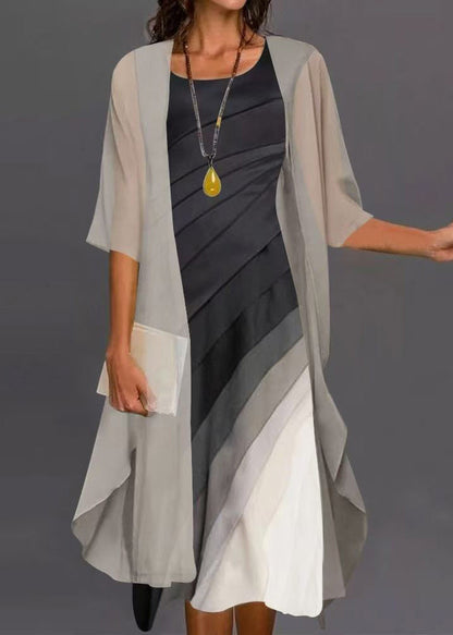 Black O-neck Cardigans and Dress Two Pieces Set Half Sleeve