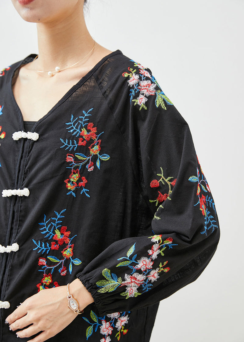 Black Embroideried Chinese Button Cotton Sets 2 Pieces Fall