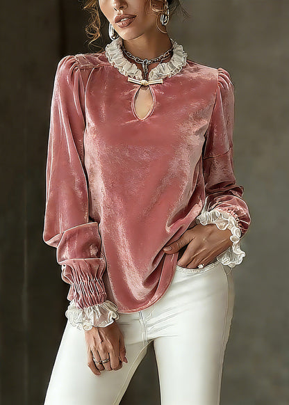 Pink Cinched Patchwork Silk Velour Shirt Petal Sleeve