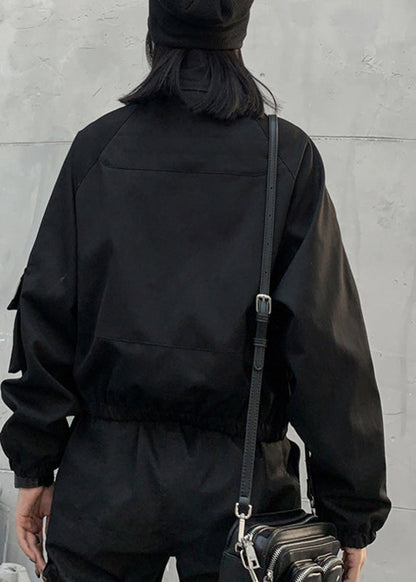 Black Stand Collar Pockets Button Jacket Long Sleeve