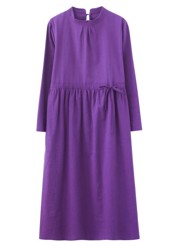 Purple Tunics Stand Collar Drawstring Spring Dress