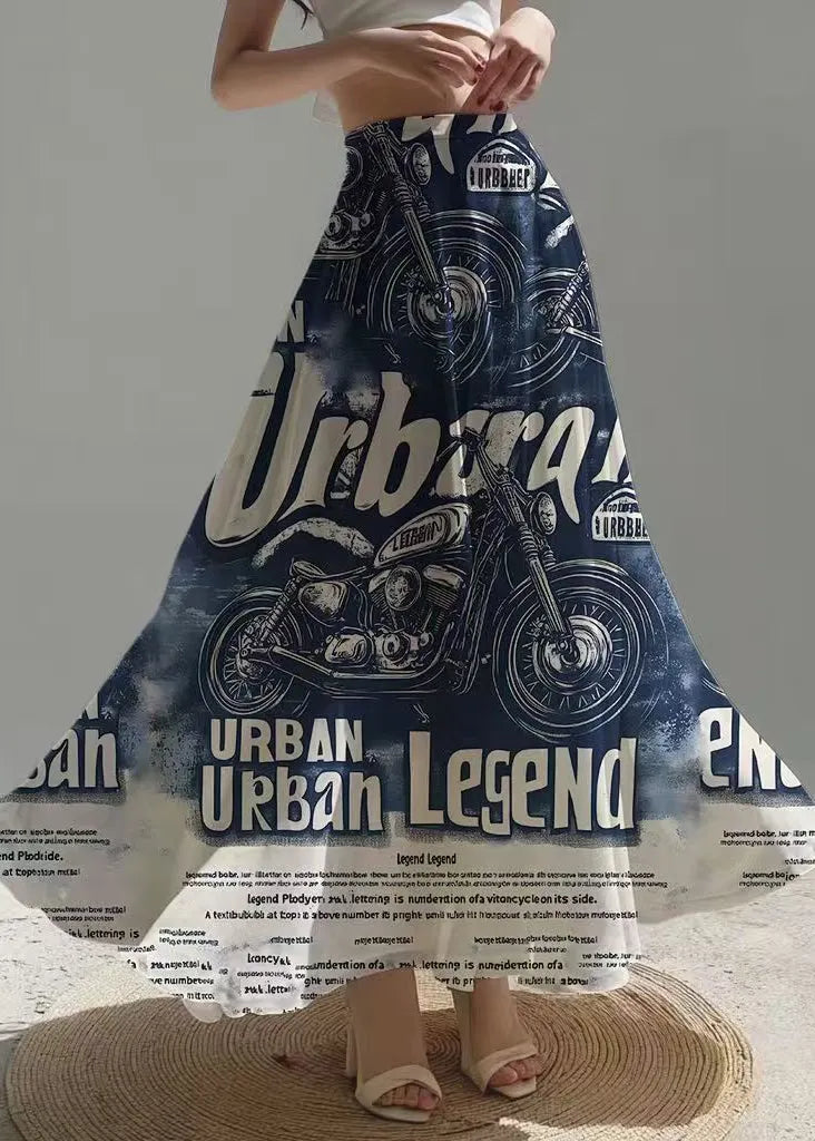 Denim Blue Letter Print Chiffon a Line Skirts Summer
