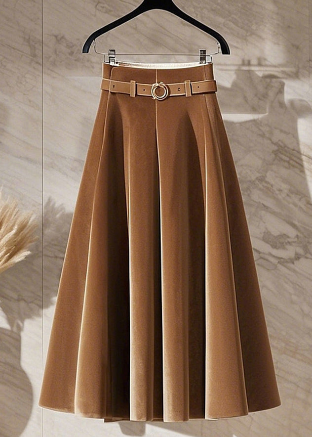 New Coffee High Waist Silk Velvet Skirts Spring