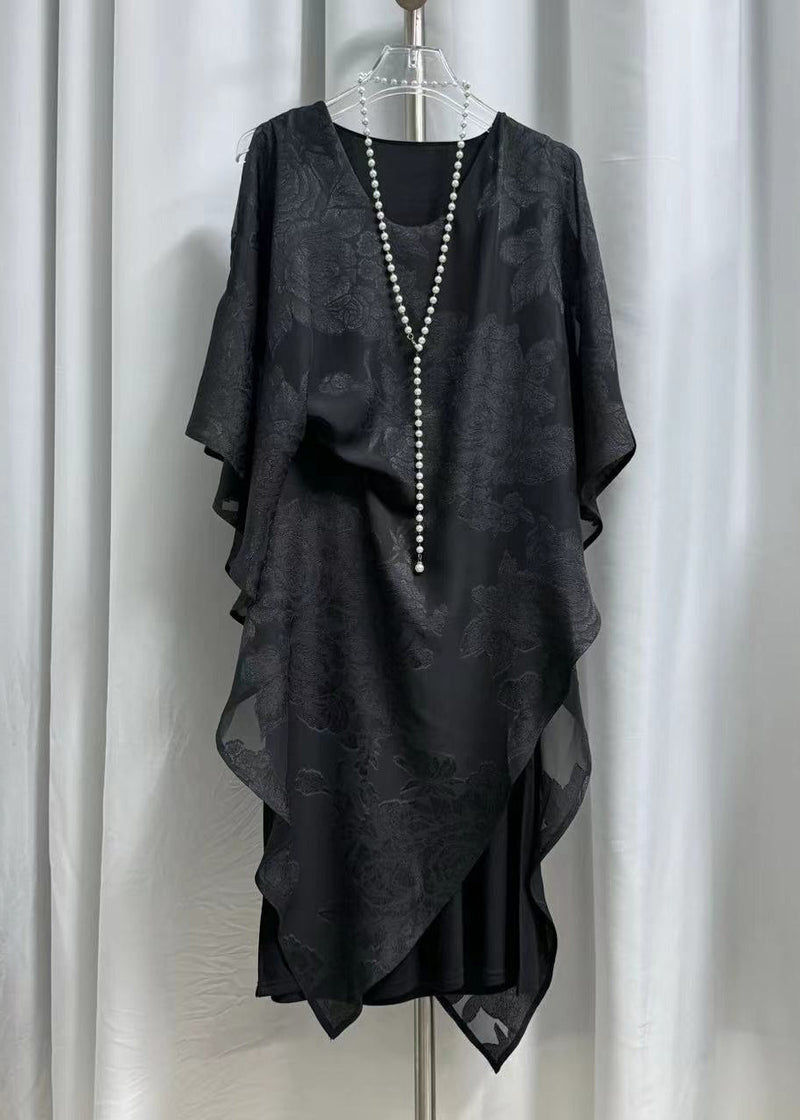 Jacquard Black Wrinkled Chiffon Long Dress Batwing Sleeve Summer