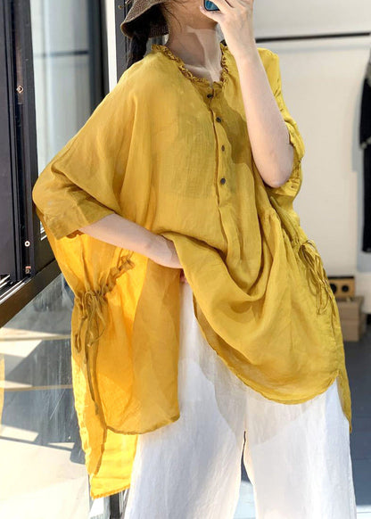 Yellow Ruffled Cinched Cotton Shirt Tops Summer