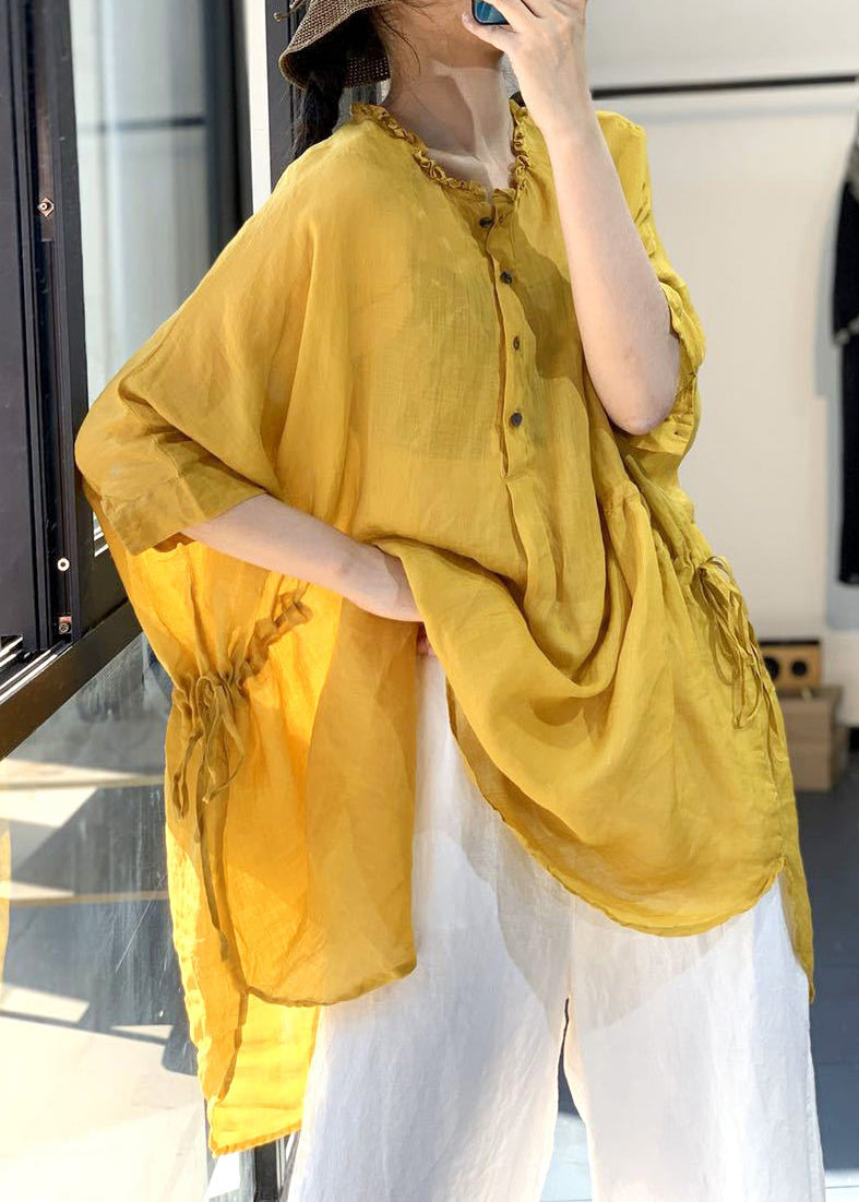 Yellow Ruffled Cinched Cotton Shirt Tops Summer