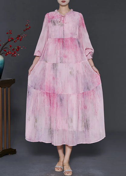 Pink Ruffled Tie Dye Chiffon Maxi Dress Fall