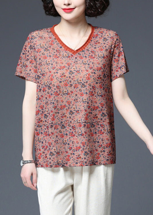 Orange V Neck Print Patchwork Tank Tops Short Sleeve