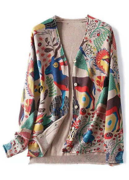 Khaki V Neck Print Button Knit Cardigan Spring