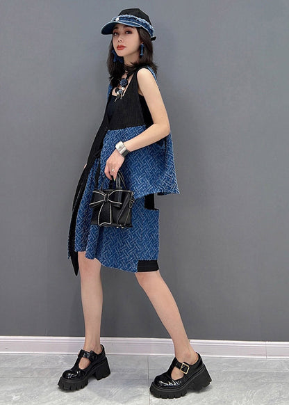 Blue Patchwork Waistcoat and Shorts Two Pieces Set Sleeveless