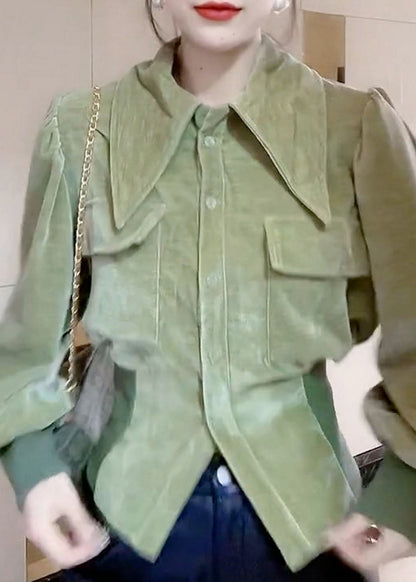Green Peter Pan Collar Patchwork Velour Shirt Tops Long Sleeve