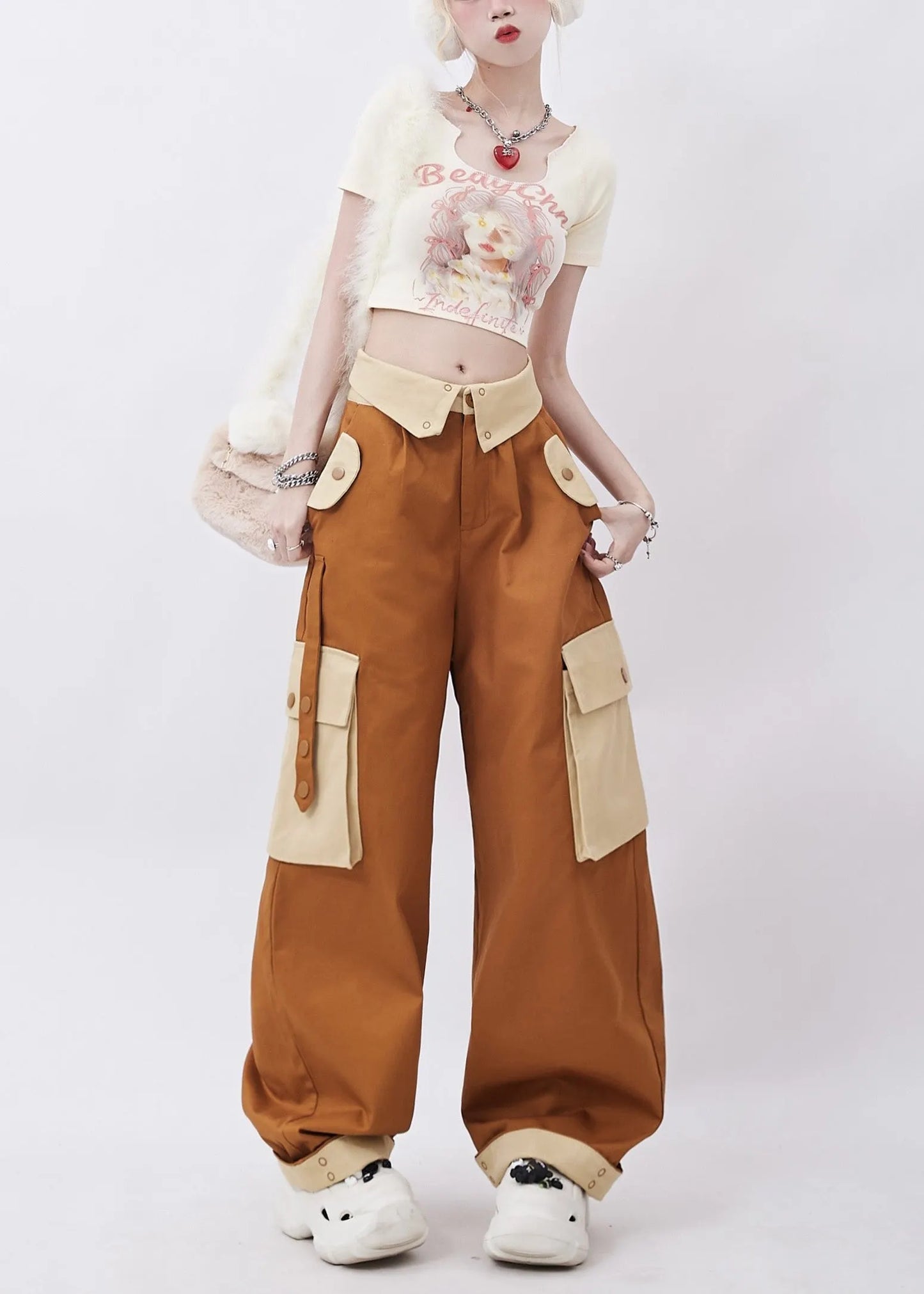 Brown Patchwork Pockets Cotton Pants Trousers Spring