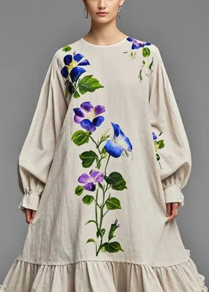 Beige Ruffled Print Cotton Holiday Dress Fall