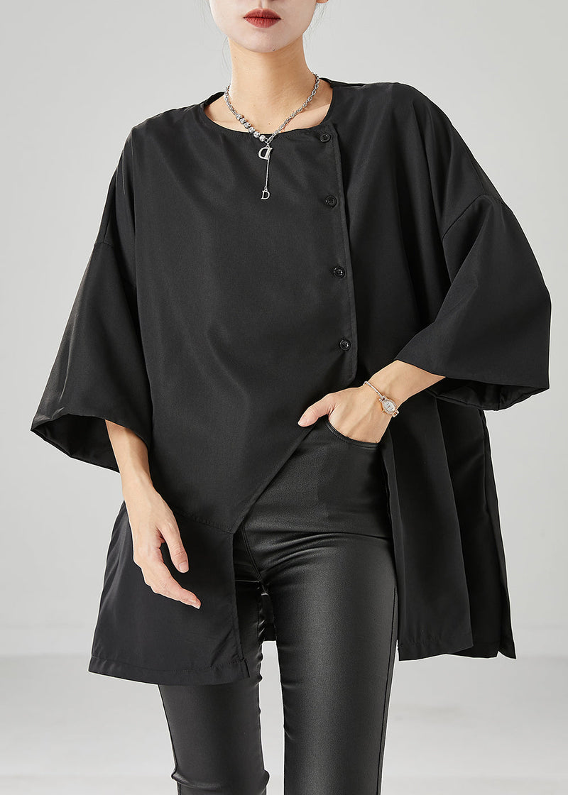 Loose Black Asymmetrical Side Open Cotton Blouses Bracelet Sleeve