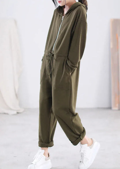 Modern Green Hooded Zippered Drawstring Cotton Overalls Jumpsuit Long Sleeve