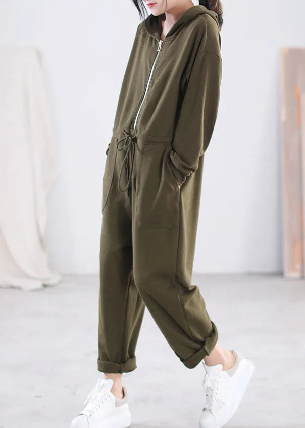 Modern Green Hooded Zippered Drawstring Cotton Overalls Jumpsuit Long Sleeve